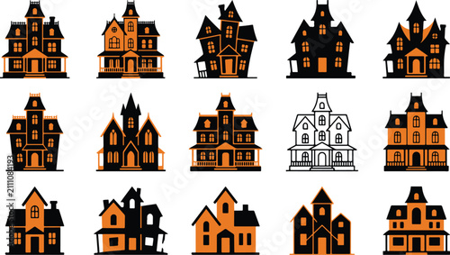 Fotografie Spooky Halloween house silhouettes for haunted event designs and decorations