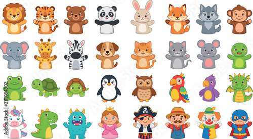 Photography Cute Animal and Character Hand Puppet Vector Icon Set for KidsCute Animal and Ch