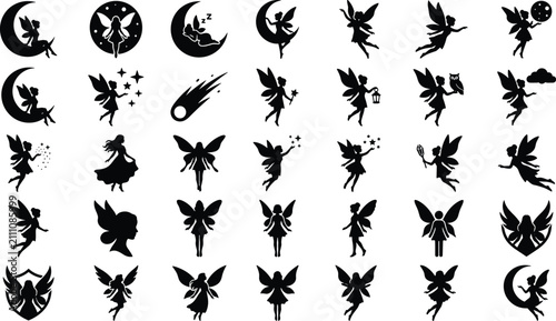 Fotografija Compilation of whimsical fairy silhouettes featuring celestial elements moons st