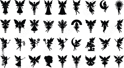 Bild auf Leinwand Various fairy silhouettes featuring floral elements and celestial motifs for cre