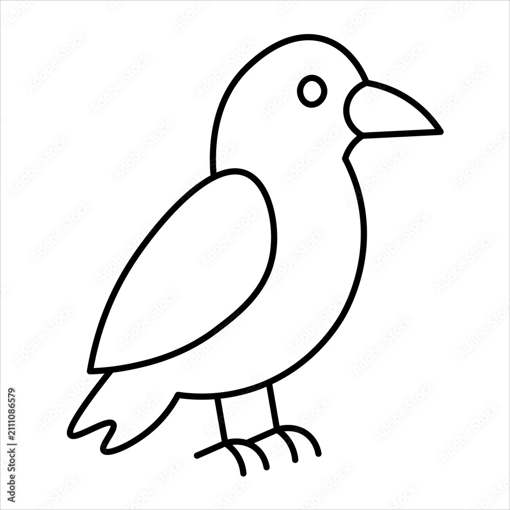 Fototapeta premium Simple line art illustration of a cute crow bird isolated on white background.