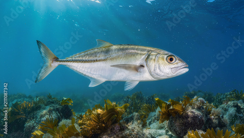 Adult Pollock Swimming in Clear North Atlantic Ocean Natural Habitat