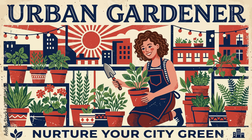 A cheerful person tends to potted plants on a balcony in a city setting