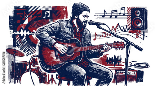 A bearded musician plays an acoustic guitar while singing into a microphone on stage