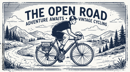 A vintage style illustration of a cyclist riding along a scenic mountain road