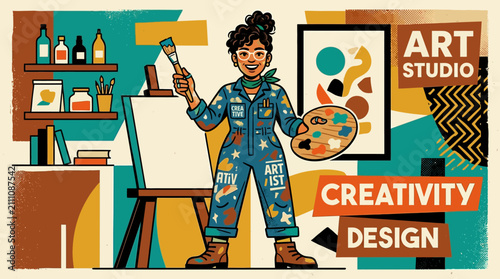 A cheerful artist stands in a colorful studio holding a paintbrush and a wooden palette