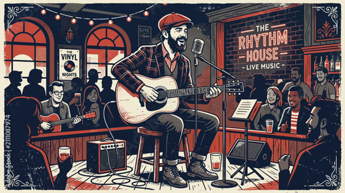 A bearded musician performs an acoustic song for a lively crowd in a cozy tavern setting