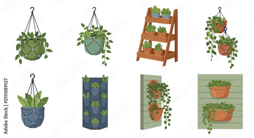 Fototapeta premium Collection of various indoor and outdoor plant displays including hanging planters, vertical gardens, and tiered stands.