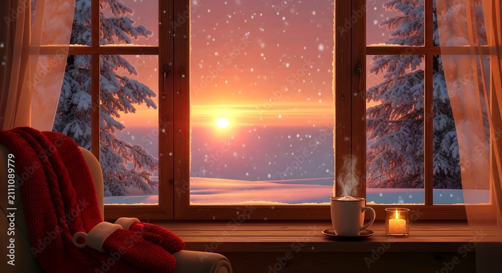 Fototapeta premium Cozy indoor view of a snowy landscape during the first day of winter at a beautiful golden sunset