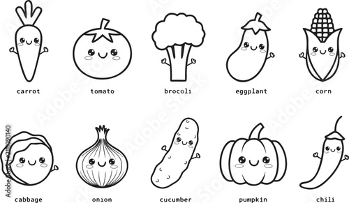 Cute Vegetable Character Outline Set – Hand Drawn Cartoon Veggie Line Art Collection, Black and White Healthy Food Coloring Book Vector