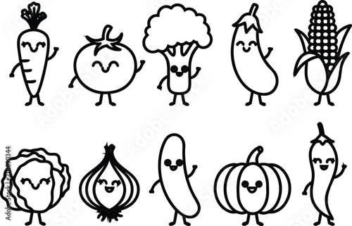 Cute Vegetable Character Outline Set – Hand Drawn Cartoon Veggie Line Art Collection, Black and White Healthy Food Coloring Book Vector