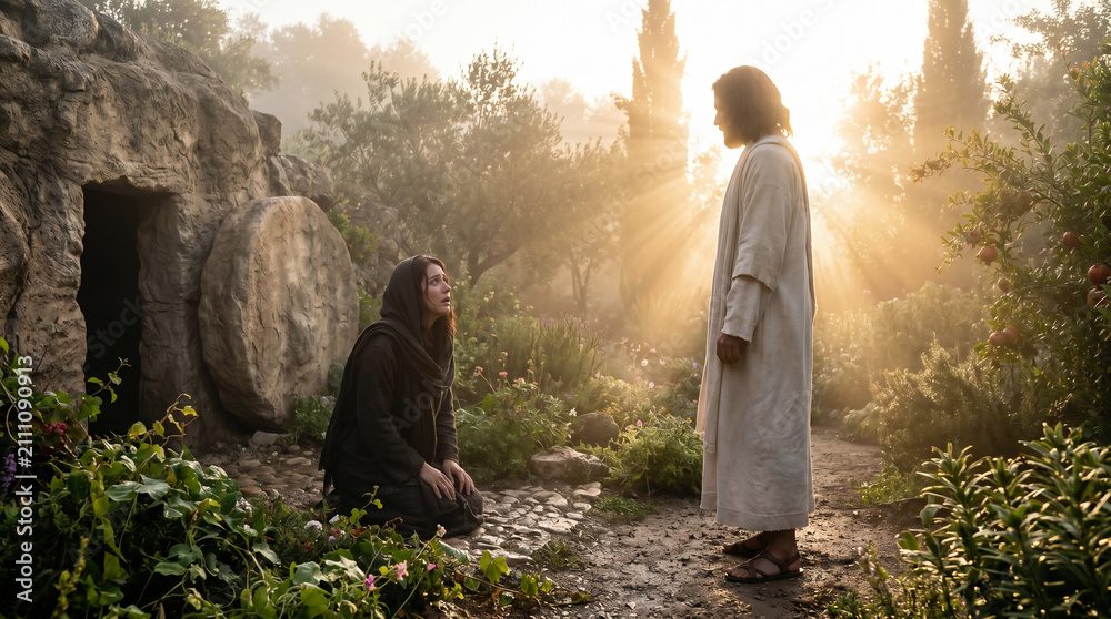 Obraz premium Jesus appearing to Mary Magdalene outside the empty tomb at dawn. She tearfully mistakes him for the gardener