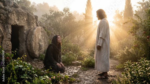 Jesus appearing to Mary Magdalene outside the empty tomb at dawn. She tearfully mistakes him for the gardener
