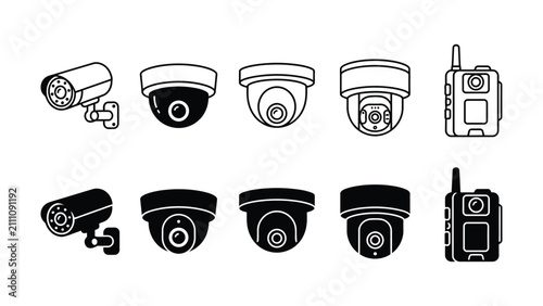 Set of security cameras and walkie talkie icons in line art style