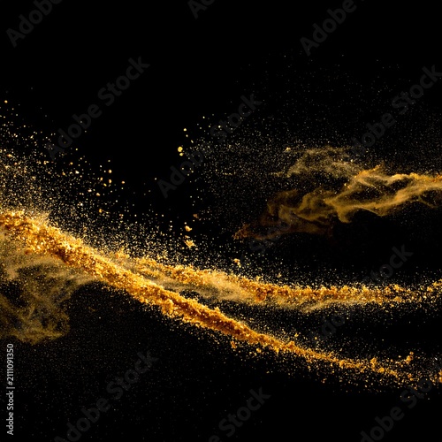 An artistic representation of golden dust or particles floating across a deep black void, creating a dynamic flow pattern