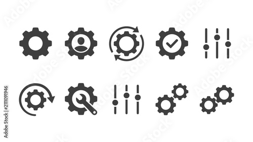 Modern gear icon set with user interface controls