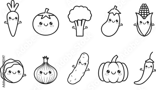 Cute Vegetable Outline Icon Set – Hand Drawn Cartoon Veggie Line Art Collection, Black and White Healthy Food Doodle Bundle, Coloring Book Vector