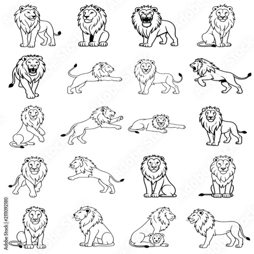 Lion Outline Illustration Set – Hand Drawn Wild Animal Line Art Collection, Black and White Safari Lion Sketch Bundle, Coloring Book Vector Style