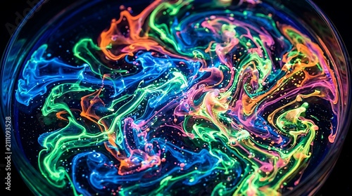 Colorful neon fluids swirling in a laboratory petri dish