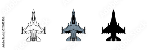 Set of vector icons of military fighter jet with outline, color and silhouette images. Set of icons.

