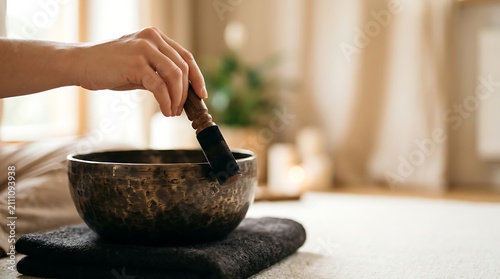 Hand playing a tibetan singing bowl for sound healing meditation
