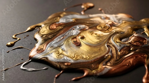 Swirling gold silver and bronze metallic liquid on black background