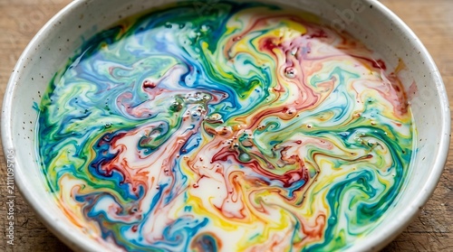 Vibrant food coloring creating artistic patterns in a white bowl