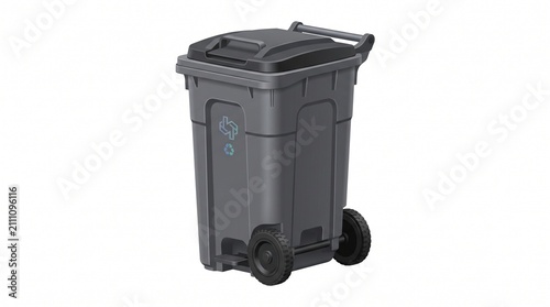 3D Render of a Grey Plastic Garbage Bin with Wheels Isolated on White Background for Waste Management