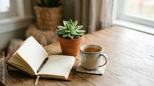 Open notebook with pen and succulent on a rustic wooden desk