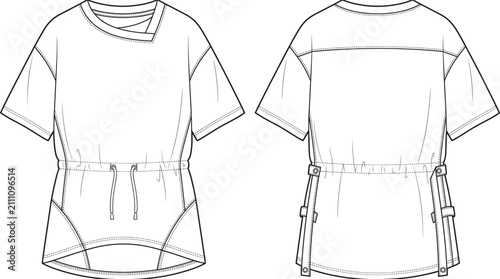 Foto Women asymmetric neck drawstring waist tunic top technical fashion flat sketch v
