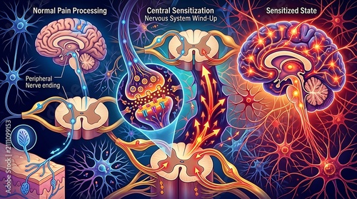 Central sensitization and normal pain processing pathway diagram