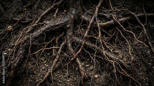 Intricate tree roots spreading through dark damp soil