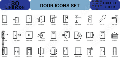 Door line icon set including access control automatic entrance revolving door emergency exit garage handle lock security sensor folding office home.