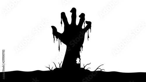 Cuadro en lienzo Zombie hand silhouette emerging from the ground, with dripping liquid effects and jagged edges, set against a stark white background, creating a menacing and eerie visual