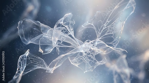 Abstract transparent membrane structures floating in blue light
