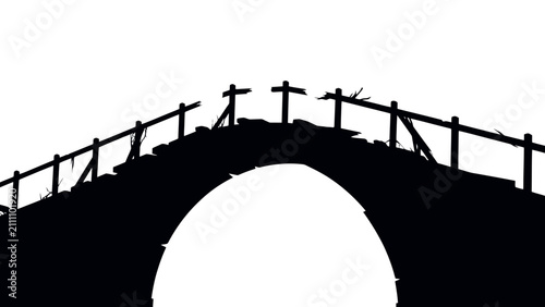 Cuadro en lienzo Arching stone bridge with broken wooden railings is presented as a stark black silhouette against a bright white background