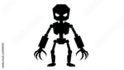 Fotografie Robotic figure with glowing eyes and sharp claws stands menacingly, depicted as a dark silhouette on a plain white background, symbolizing artificial intelligence or an antagonist