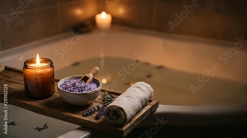 Relaxing home spa setup with lavender bath salts and lit candles