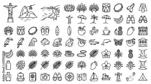 Photography Brazil Country Outline Icon Collection with Travel Attractions Wildlife and Cult