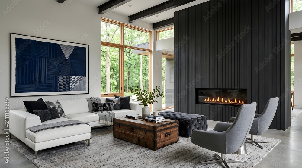 Fototapeta premium Modern Living Room With Fireplace and Large Windows.