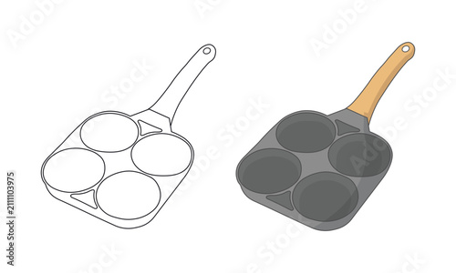 Multi hole frying egg pan kitchen utensil vector illustration featuring color and simple hand drawn outline for coloring books.
