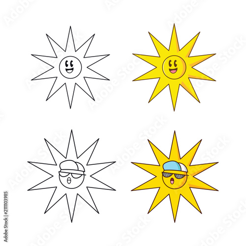 Set of cute smiling sun character vector illustrations featuring bright colors and simple outlines for kids coloring pages.