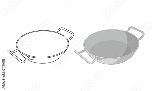 Asian wok cooking pot kitchen utensil vector illustration featuring flat color and simple hand drawn outline for coloring books.