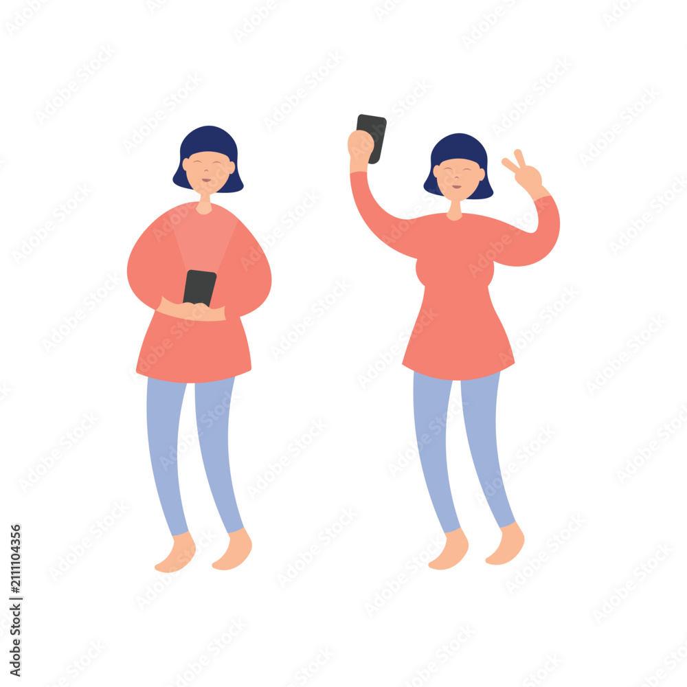 Fototapeta premium Flat vector illustration of two young women taking a selfie and posing for social media communication designs.