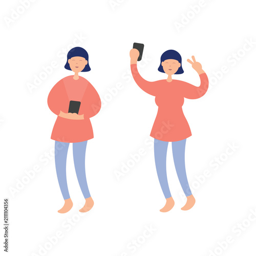 Flat vector illustration of two young women taking a selfie and posing for social media communication designs.