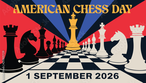 Photography American chess day illustration with chess pieces on a checkered board