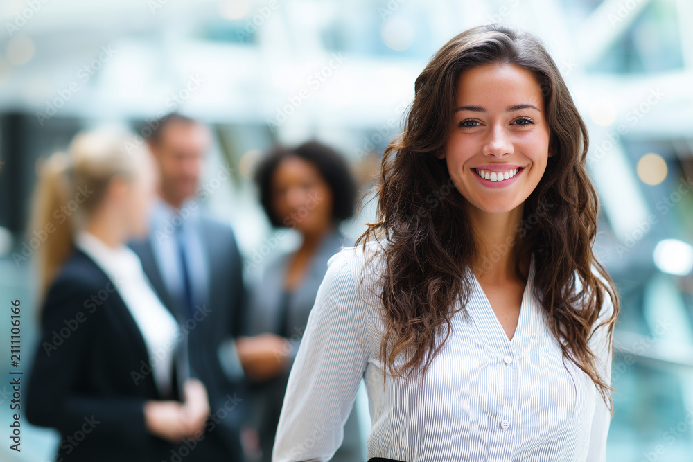 Fototapeta premium Portrait of happy smiling confident young very attractive businesswoman CEO professional manager entrepreneur in a skirt in a business meeting teamwork looking at camera, businesspeople 