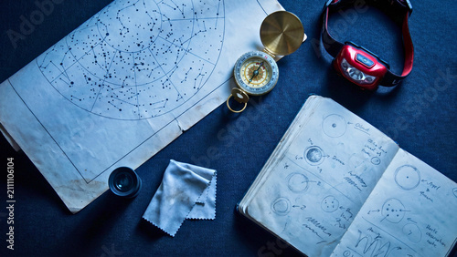 Astronomy observation kit star chart compass red lamp eyepiece on navy overhead, amateur astronomy kit concept, stargazing supplies flat lay, astronomy accessories overhead
