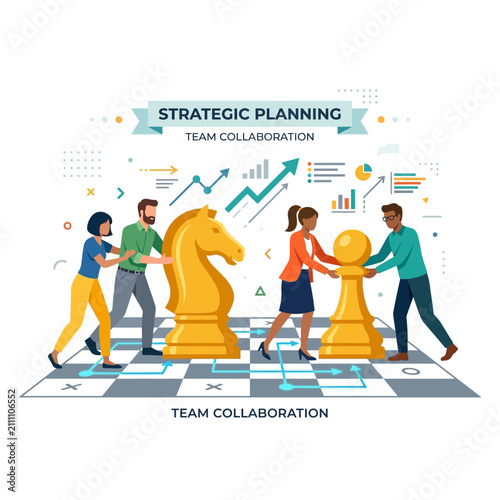 Business team working together on strategic planning with large chess pieces on a board.
