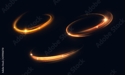 Glowing golden light swooshes with curved trails, flares and flowing energy motion on a dark background. Dynamic vector illustration.